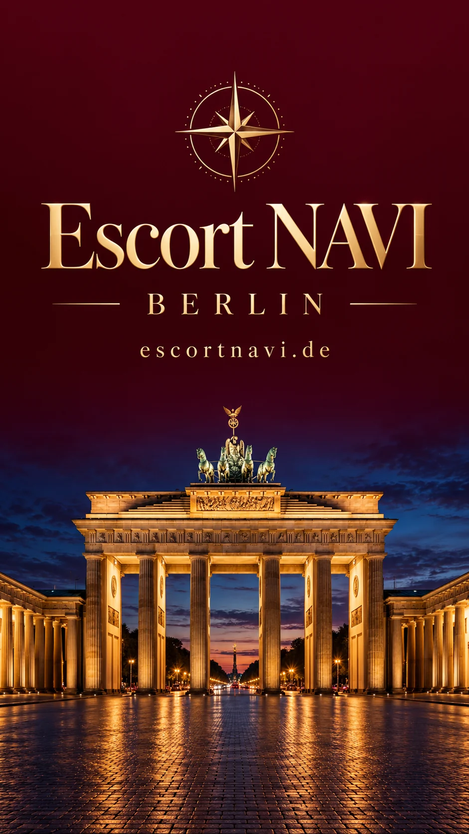 Escort NAVI – Berlin: KI-Stadtcover mit Brandenburger Tor in Burgundy und Gold