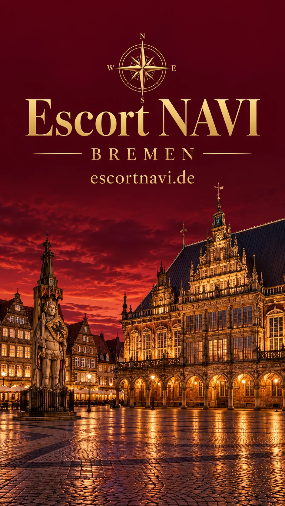 Escort NAVI – Bremen: KI-Stadtcover mit Rathaus und Marktplatz in Burgundy und Gold
