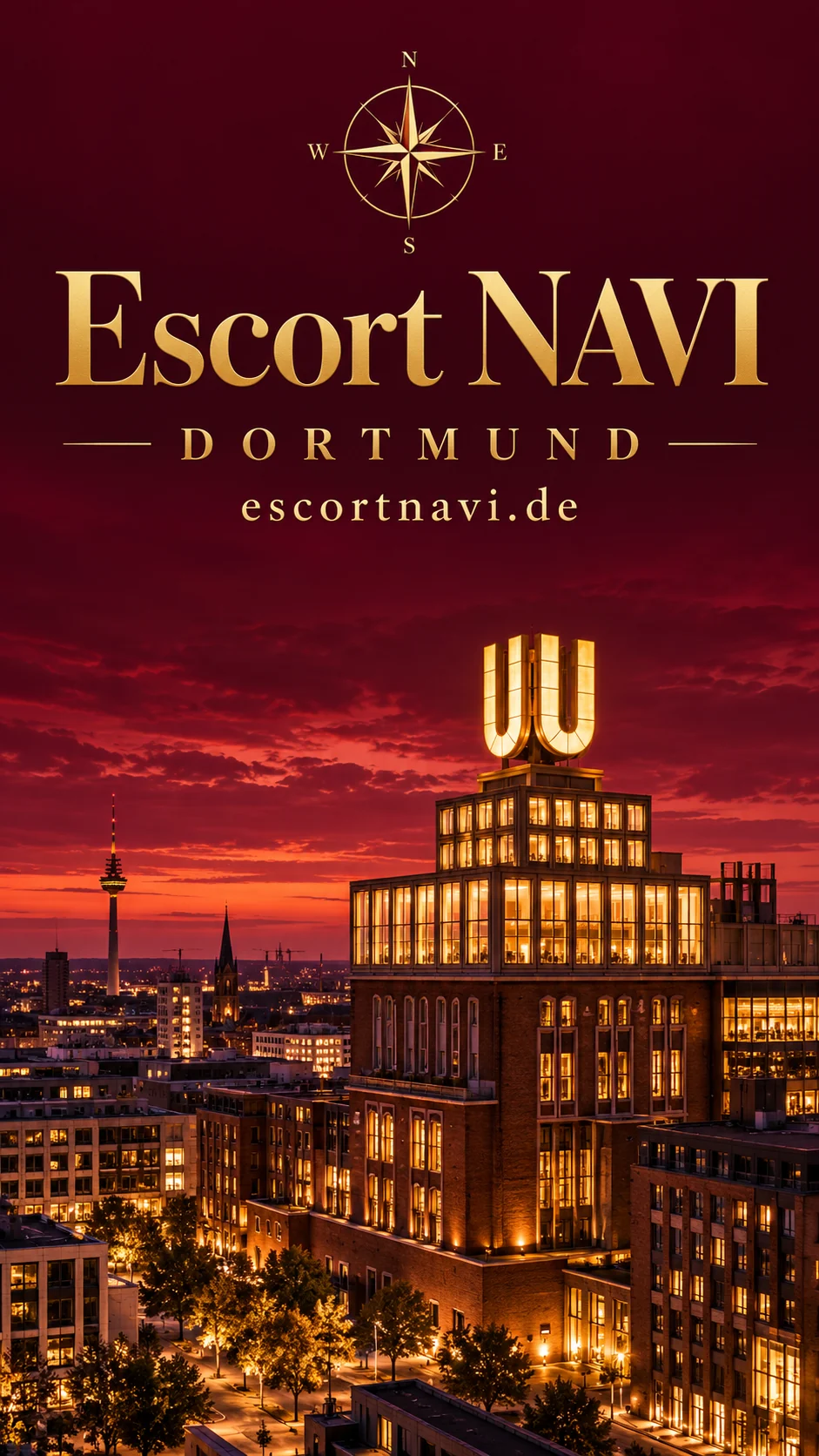 Escort NAVI – Dortmund: KI-Stadtcover mit Dortmunder U in Burgundy und Gold