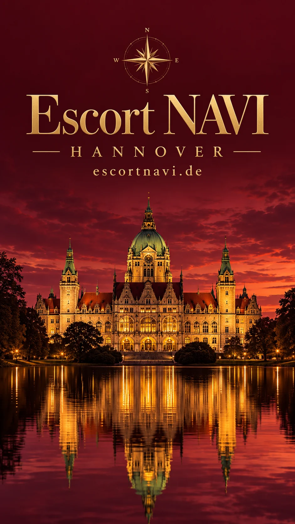 Escort NAVI – Hannover: KI-Stadtcover mit Neues Rathaus in Burgundy und Gold
