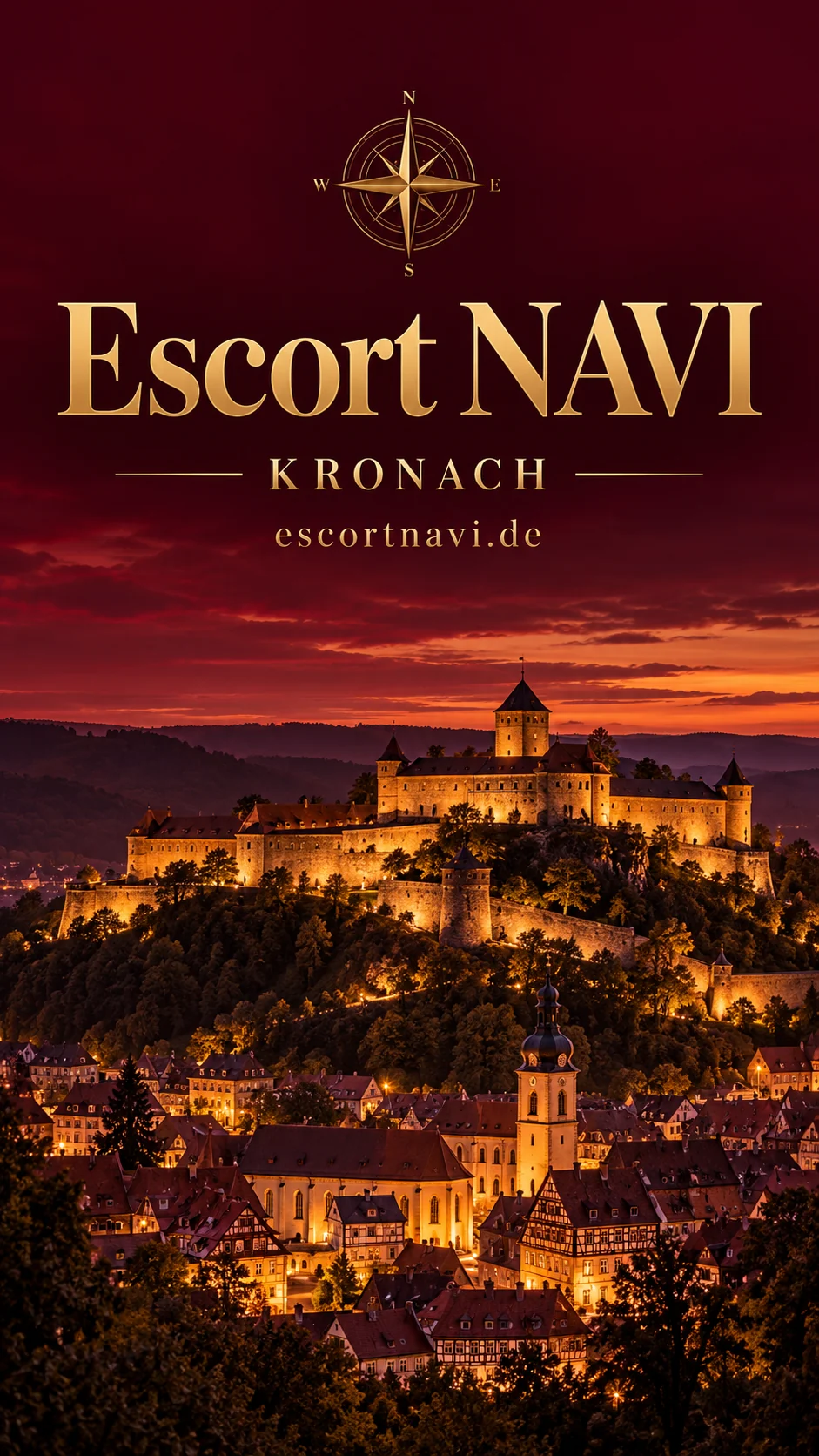 Escort NAVI – Kronach: KI-Stadtcover mit Festung Rosenberg in Burgundy und Gold
