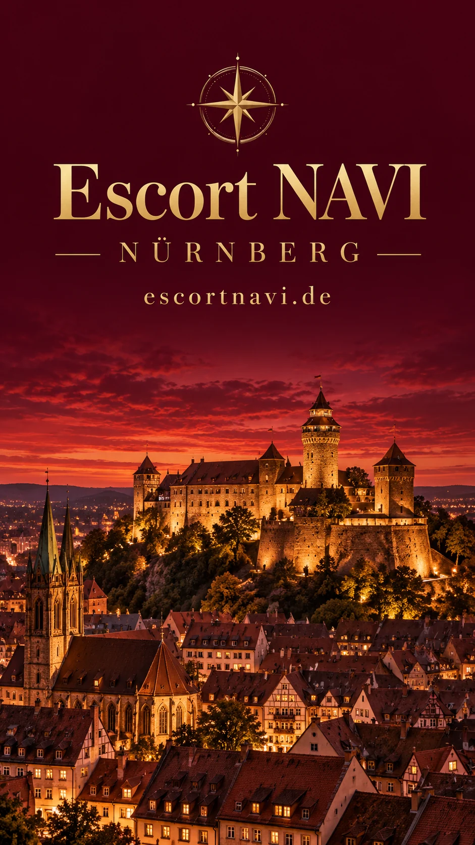 Escort NAVI – Nürnberg: KI-Stadtcover mit Kaiserburg und Altstadt in Burgundy und Gold